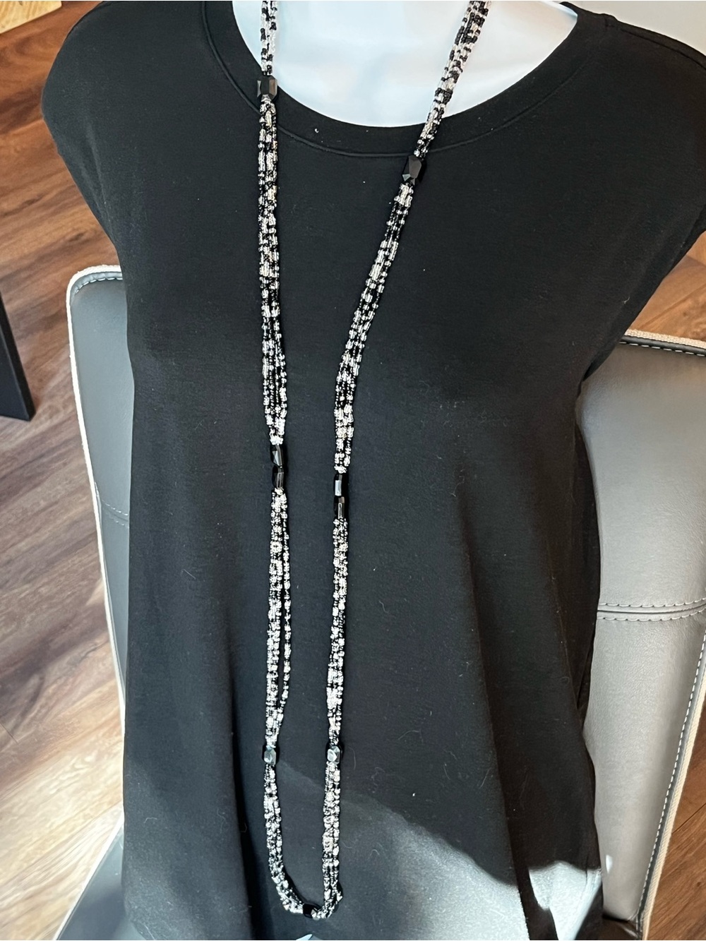 Handmade Long Seed Beaded Necklace in Black and White - Women Jewelry